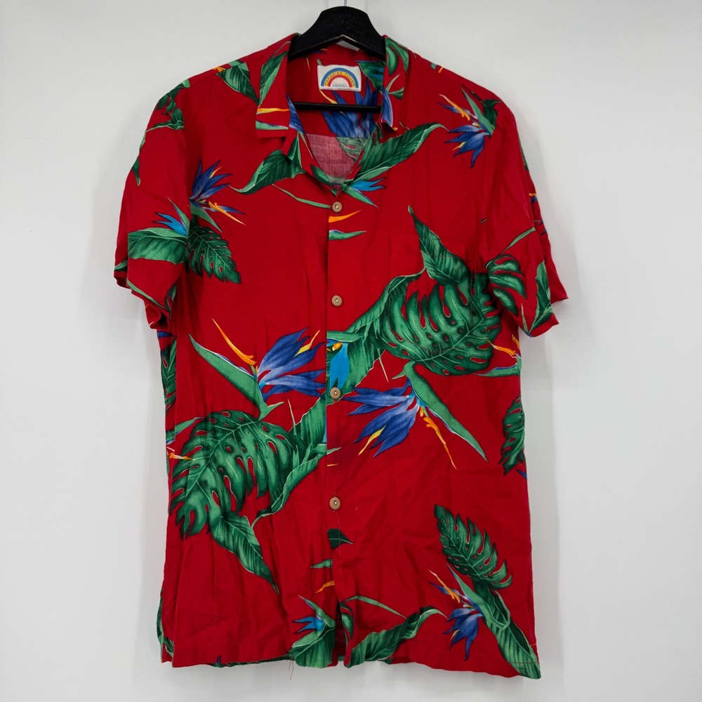 Paradise Found Hawaii Red Floral Bird of Paradise Aloha Shirt Mens Medium